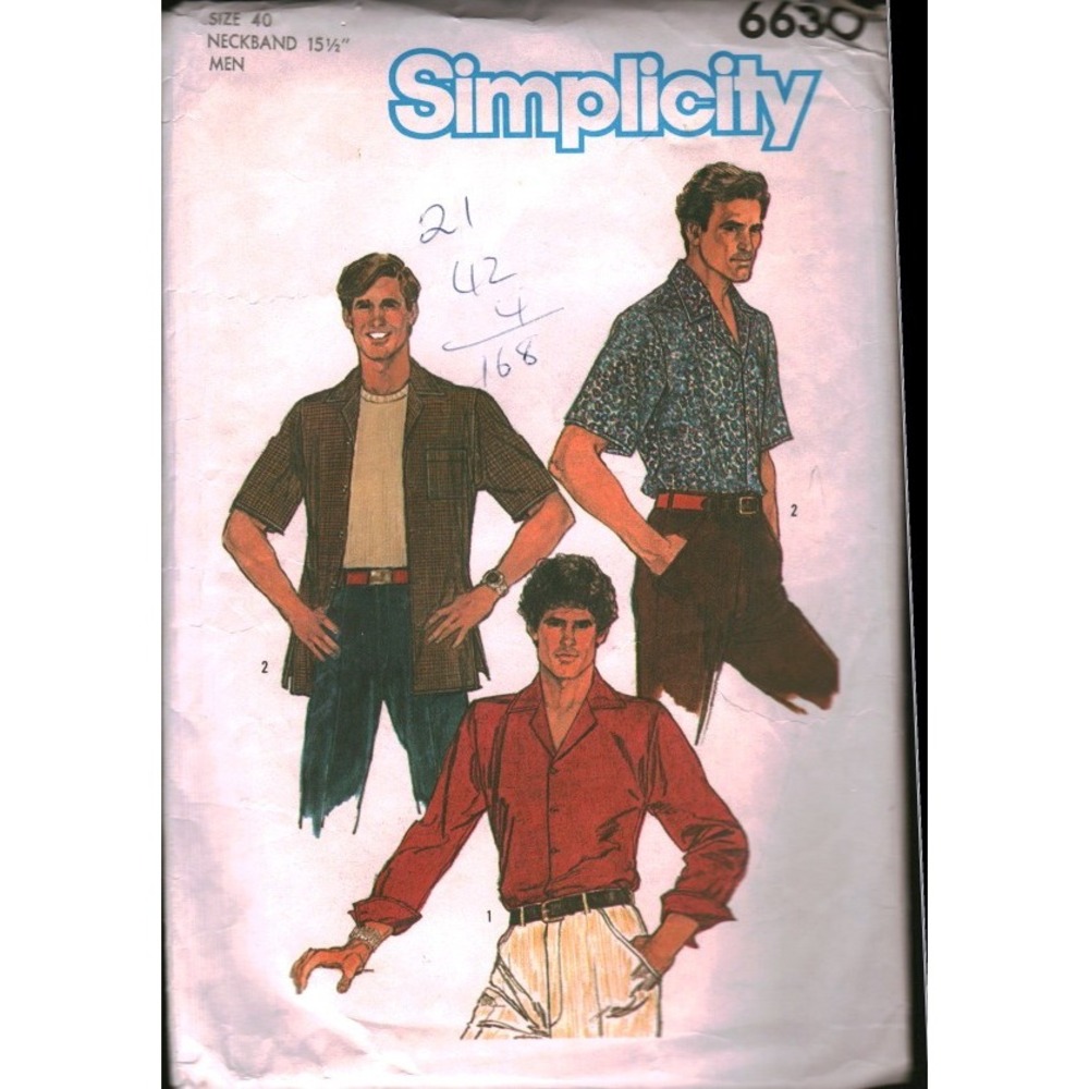 Simplicity 6630 Mens Shirt‎ Sewing Pattern Size 40 Chest Long Short Sleeve Retro